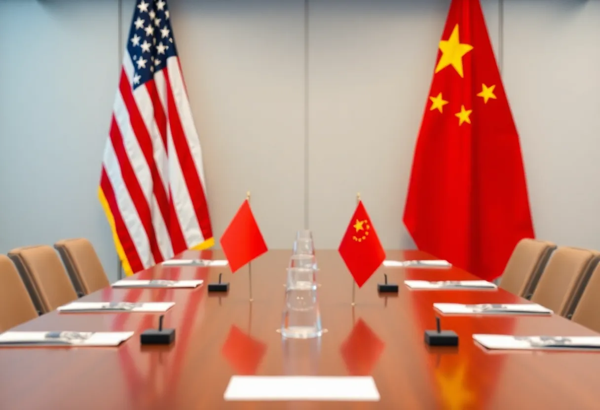 Flags of the U.S. and China displayed during trade negotiations.