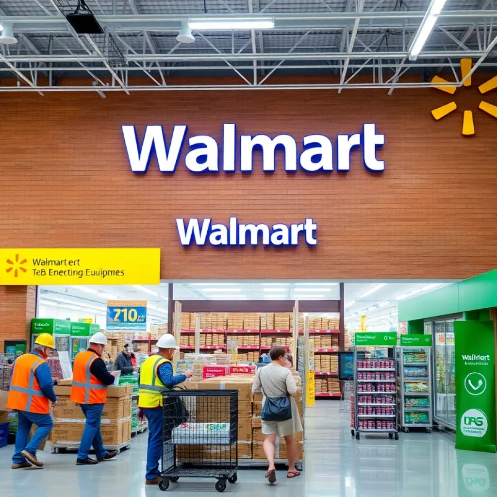 Walmart store undergoing renovations with workers and equipment