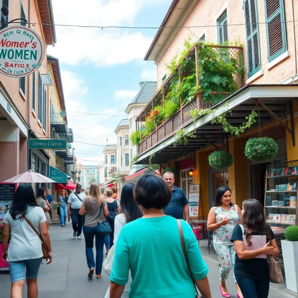 Colorful boutiques and shoppers in New Orleans highlighting women-owned businesses.