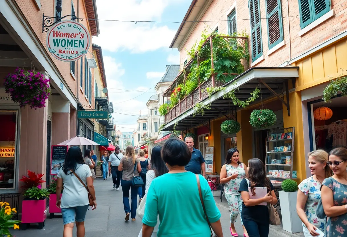 Colorful boutiques and shoppers in New Orleans highlighting women-owned businesses.