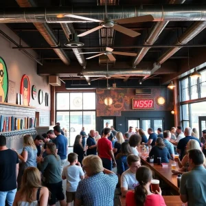 Interior of Abita Brewing Co.'s new taproom with people enjoying drinks