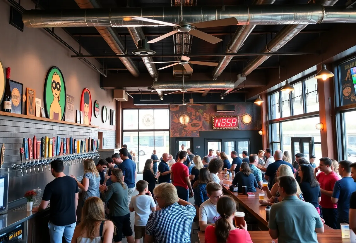 Interior of Abita Brewing Co.'s new taproom with people enjoying drinks