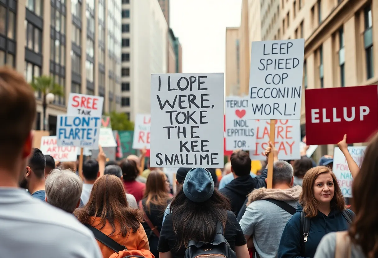 Protestors holding signs advocating for free speech and immigrant rights