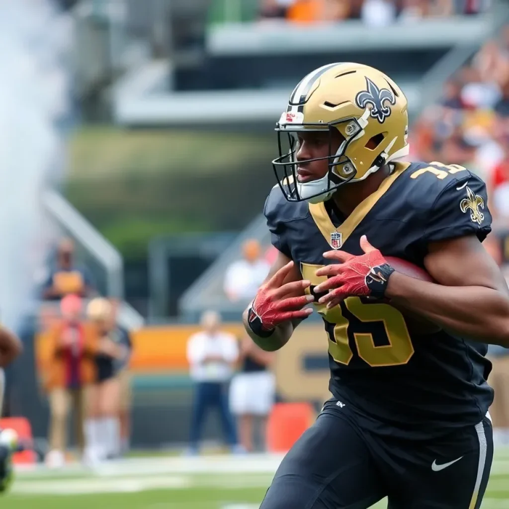 Running back in a New Orleans Saints game, showcasing dynamic play.
