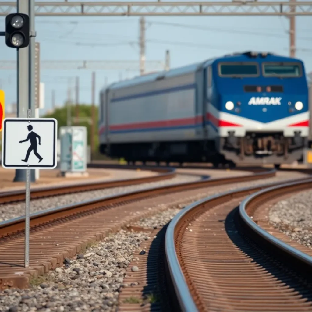 Amtrak train tracks with warning signs for pedestrian safety