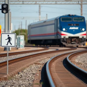 Amtrak train tracks with warning signs for pedestrian safety