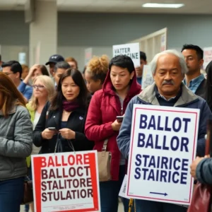 Voters expressing frustration at a polling location with signs indicating ballot shortage