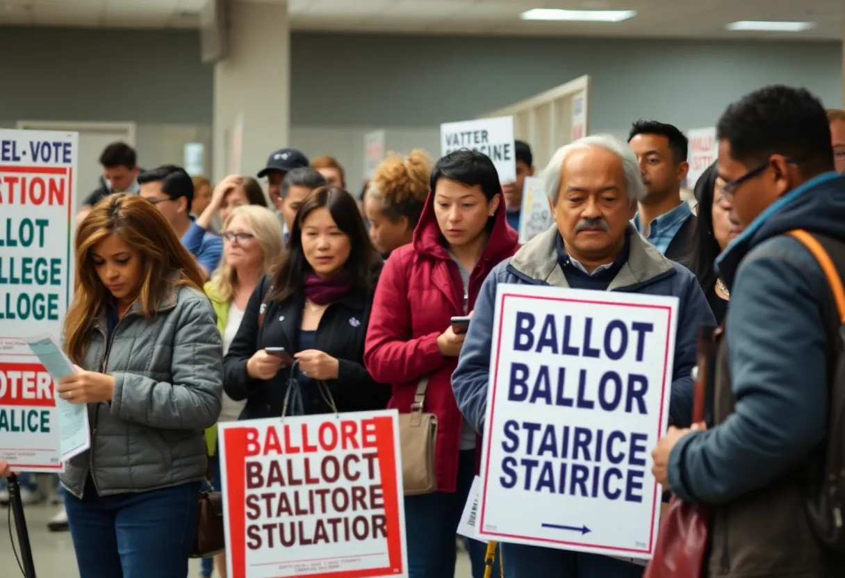 Voters expressing frustration at a polling location with signs indicating ballot shortage