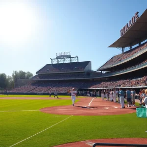 College baseball players practicing on a sunny field