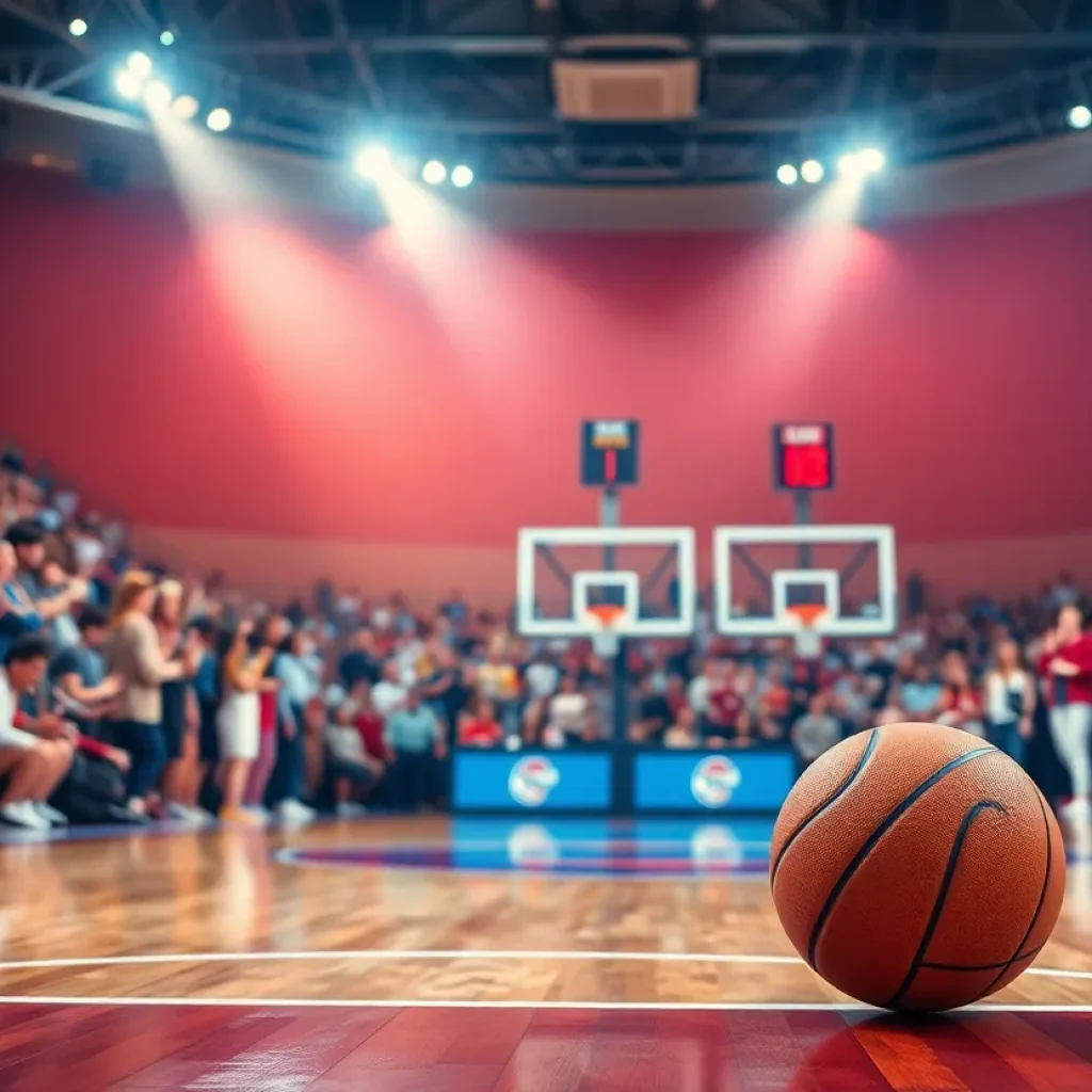 Basketball court with spotlight and cheering fans