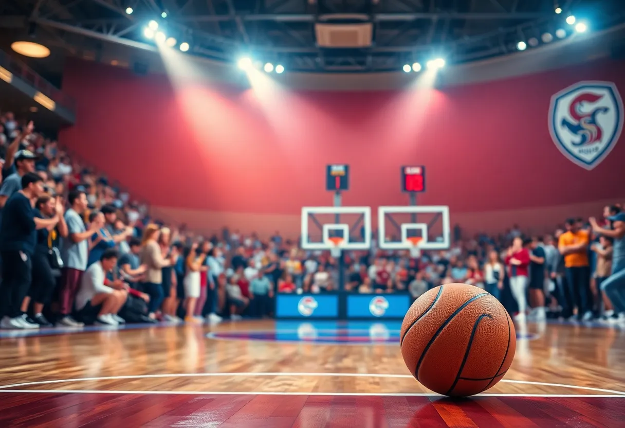 Basketball court with spotlight and cheering fans