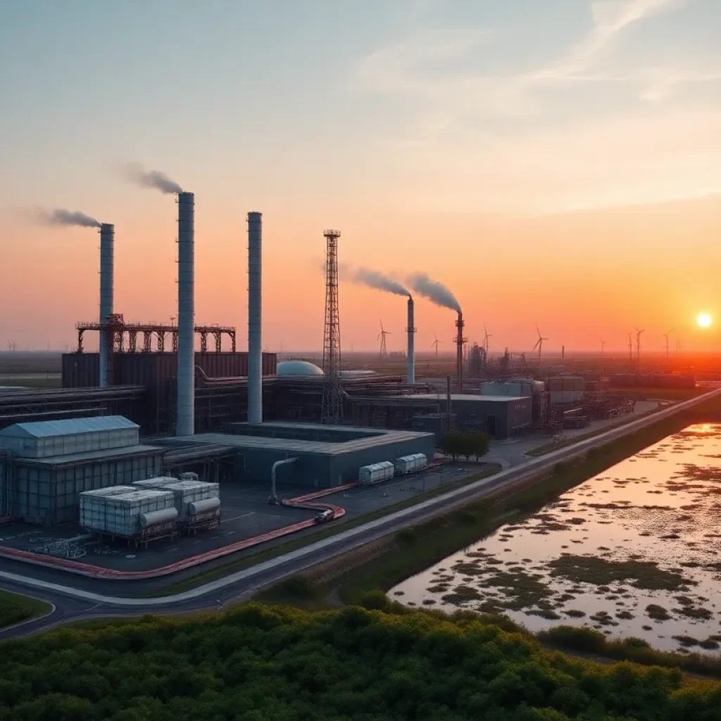 Illustration of carbon capture technology in an industrial landscape