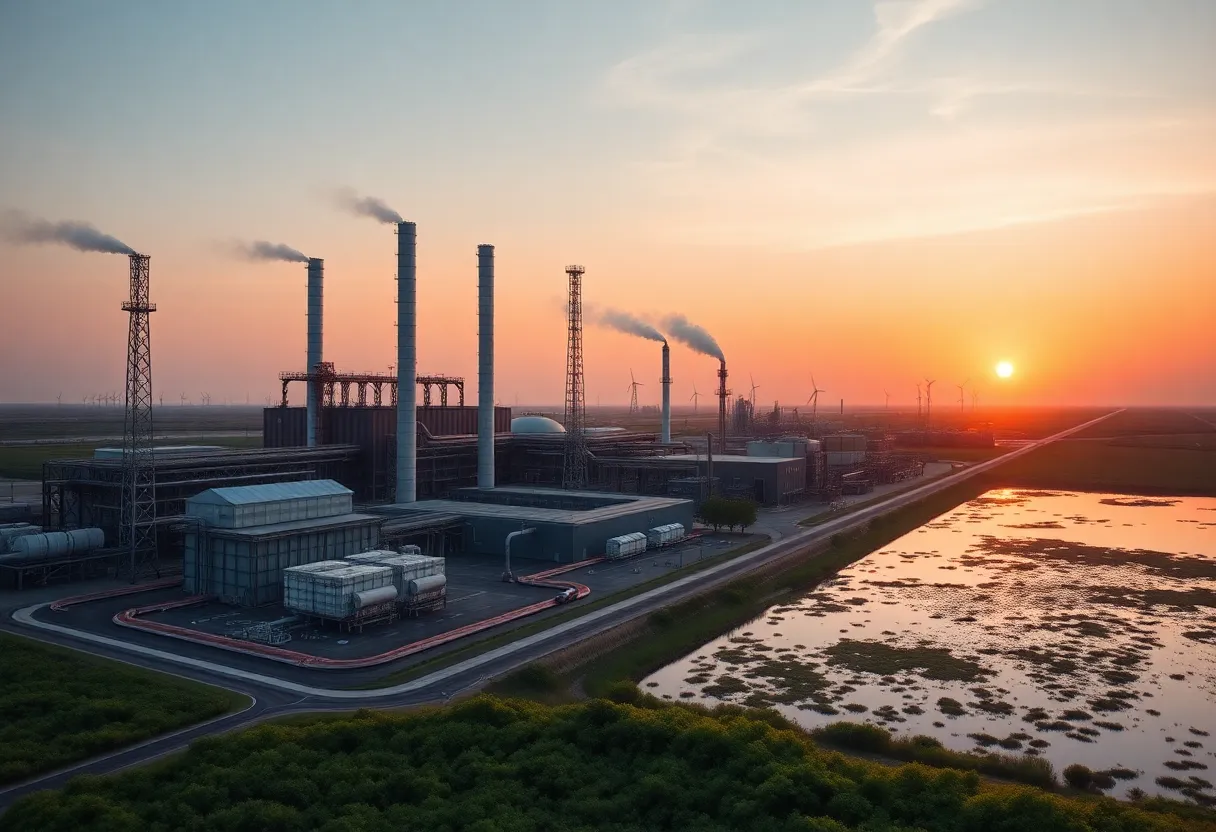Illustration of carbon capture technology in an industrial landscape