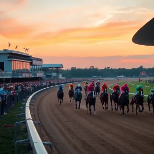 Horse racing at the Fair Grounds with spectators enjoying the event.