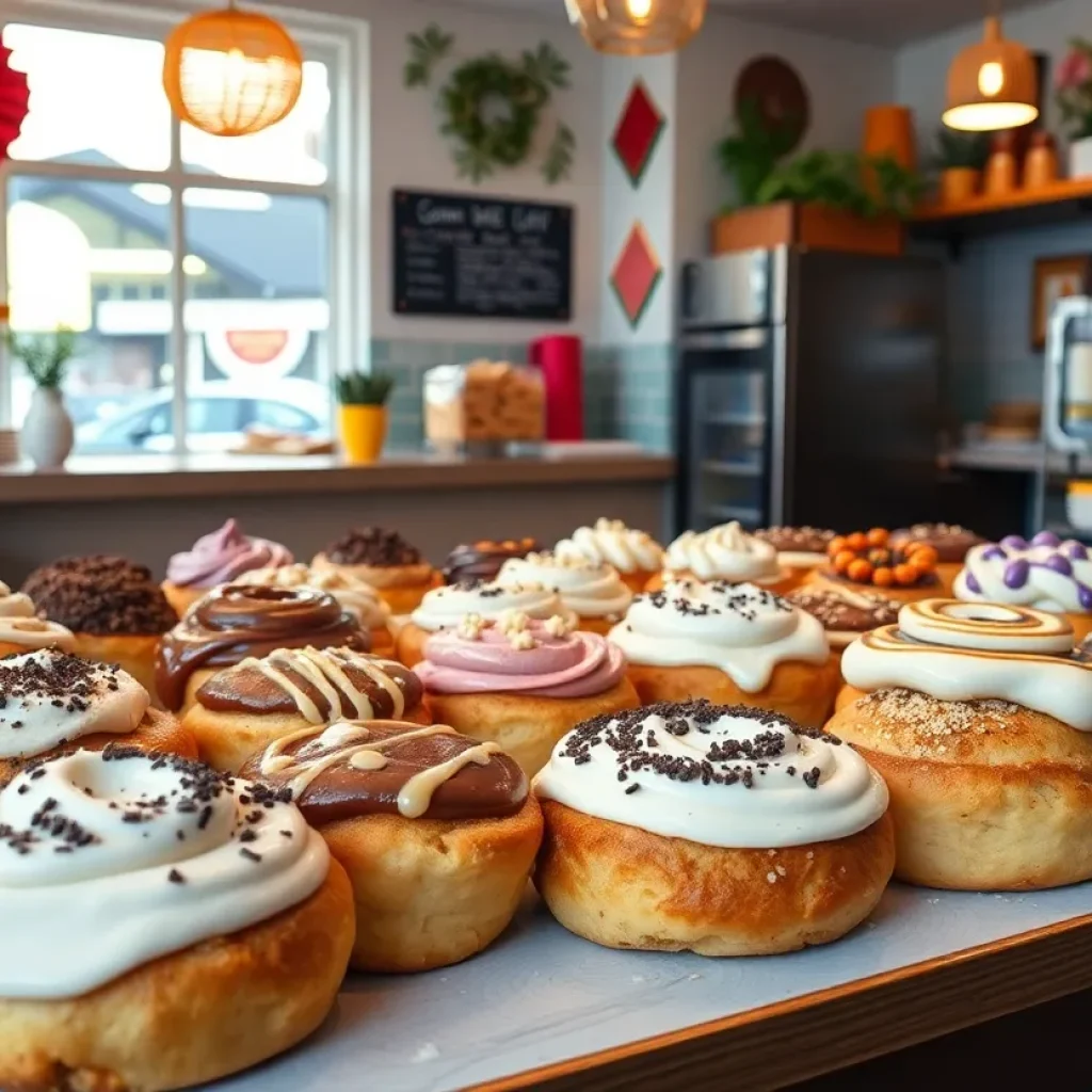 A display of vegan cinnamon rolls at Cinnaholic bakery