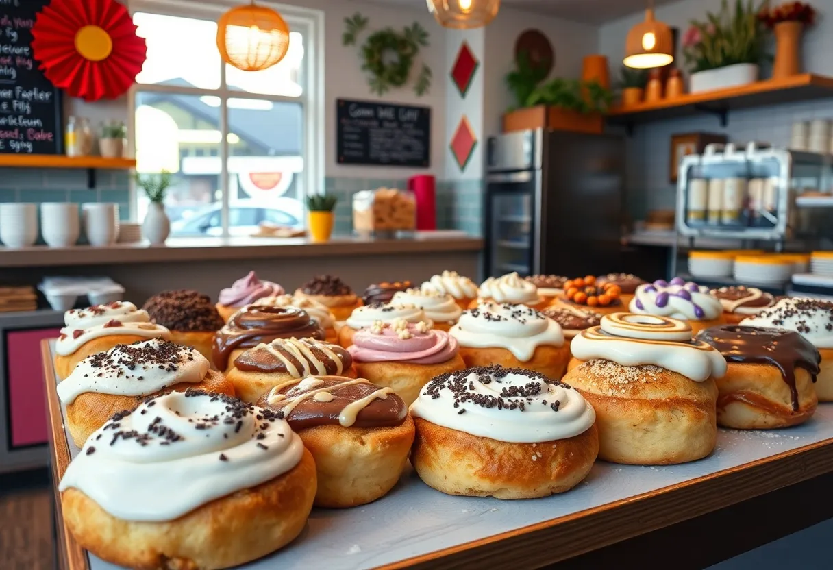 A display of vegan cinnamon rolls at Cinnaholic bakery