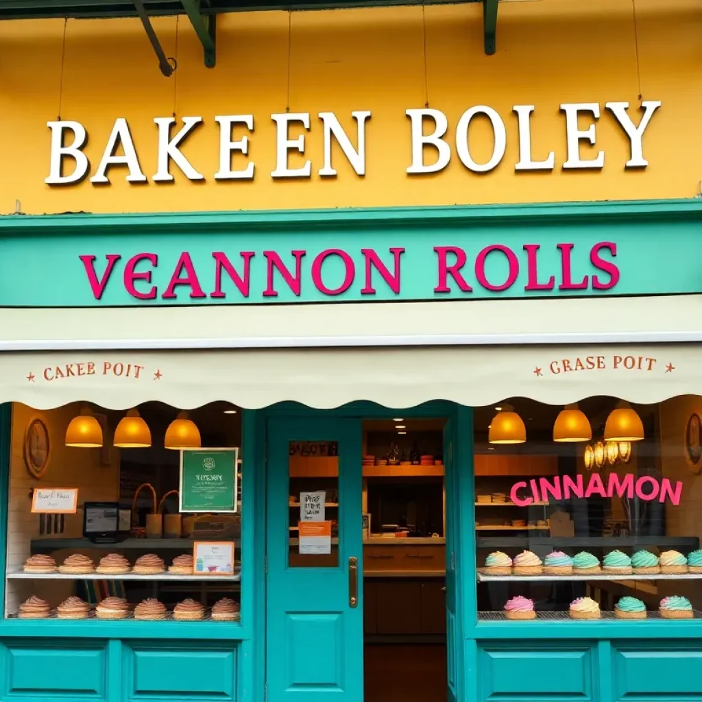 Exterior view of Cinnaholic bakery in New Orleans with vegan cinnamon rolls displayed.