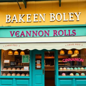 Exterior view of Cinnaholic bakery in New Orleans with vegan cinnamon rolls displayed.