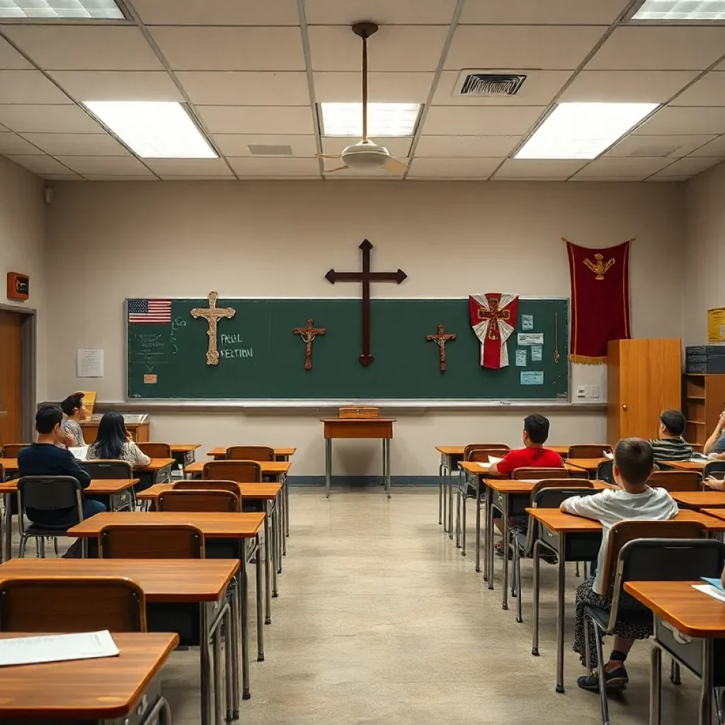 Illustration of a classroom environment with religious symbols debate