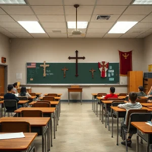 Illustration of a classroom environment with religious symbols debate