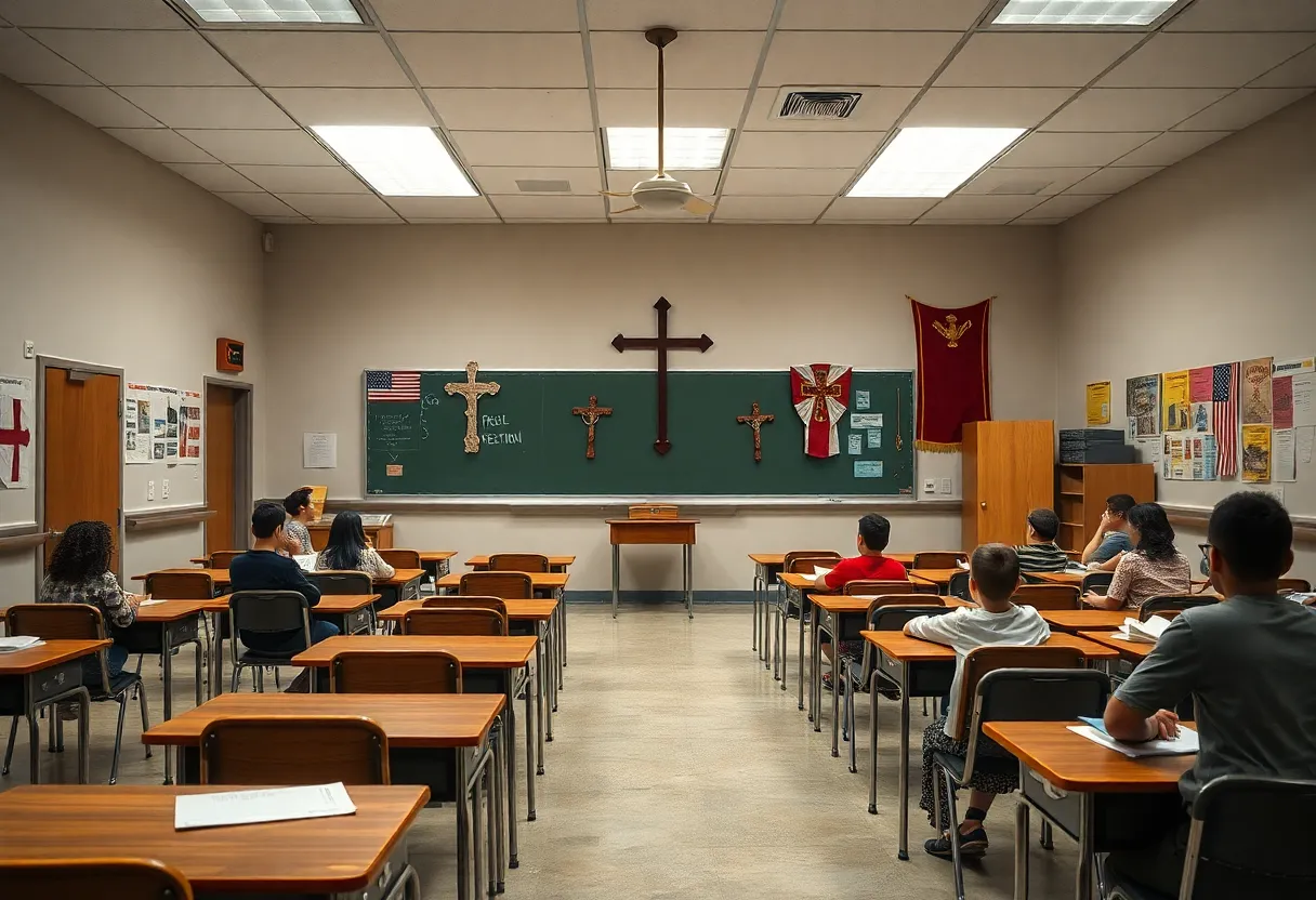 Illustration of a classroom environment with religious symbols debate