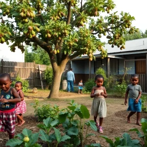 Children playing in a garden in New Orleans with fig trees.