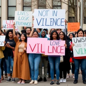 Diverse community holding signs for equality and support against violence.