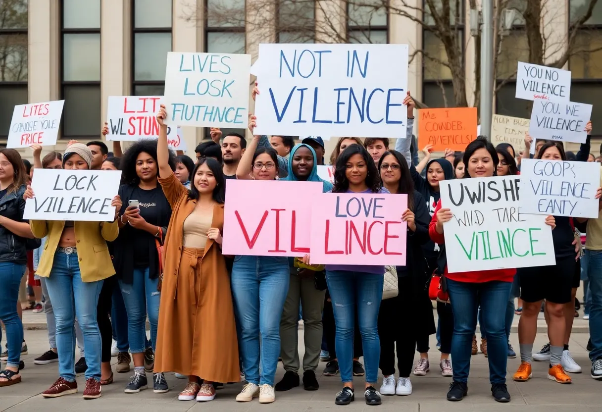 Diverse community holding signs for equality and support against violence.
