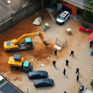 Aerial view of a construction site during an immigration raid.