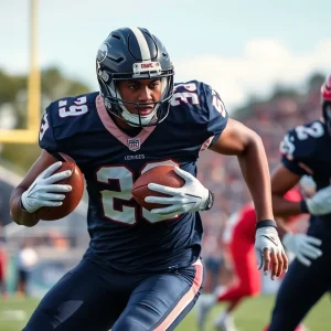 Football player in defensive stance during a game