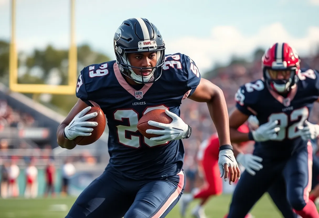 Football player in defensive stance during a game
