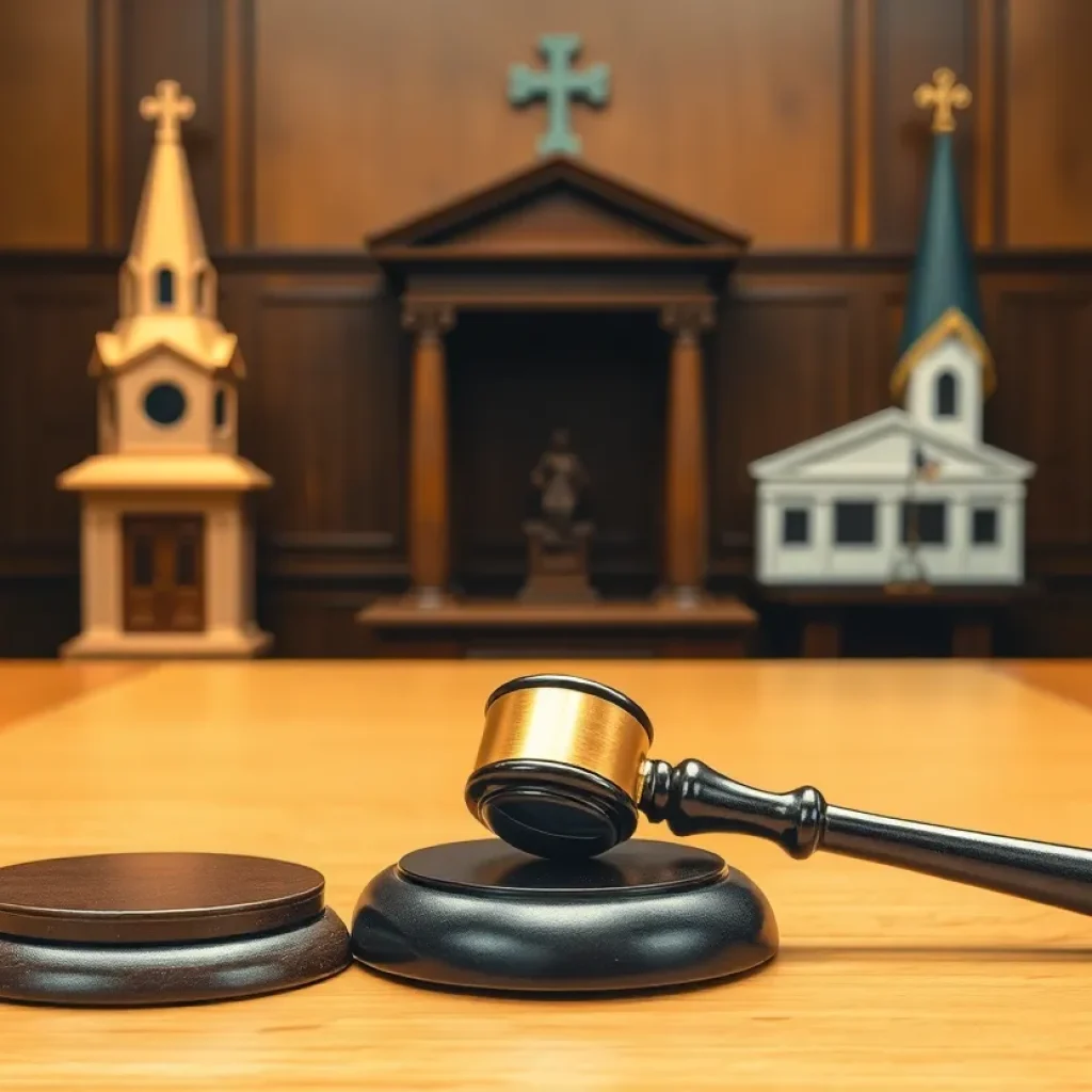 Symbolic courtroom scene representing separation of church and state.
