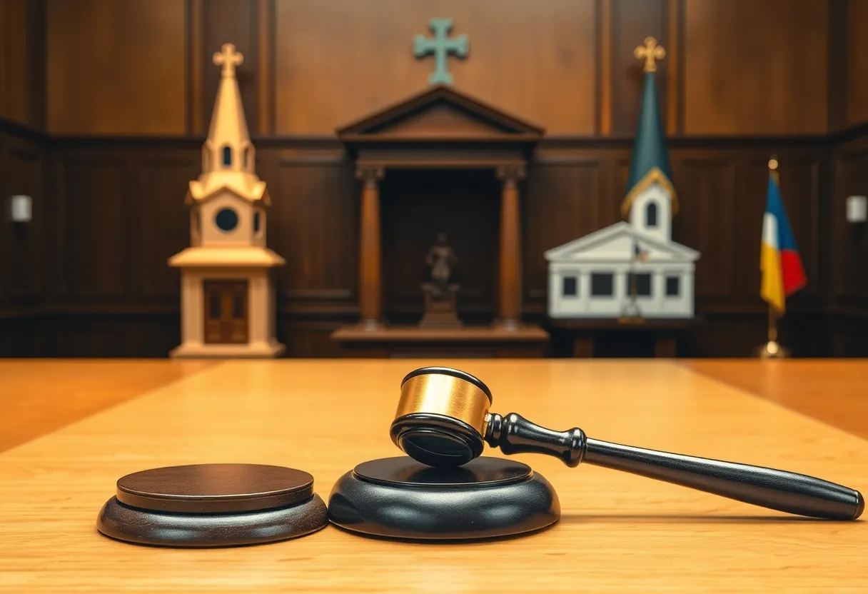 Symbolic courtroom scene representing separation of church and state.