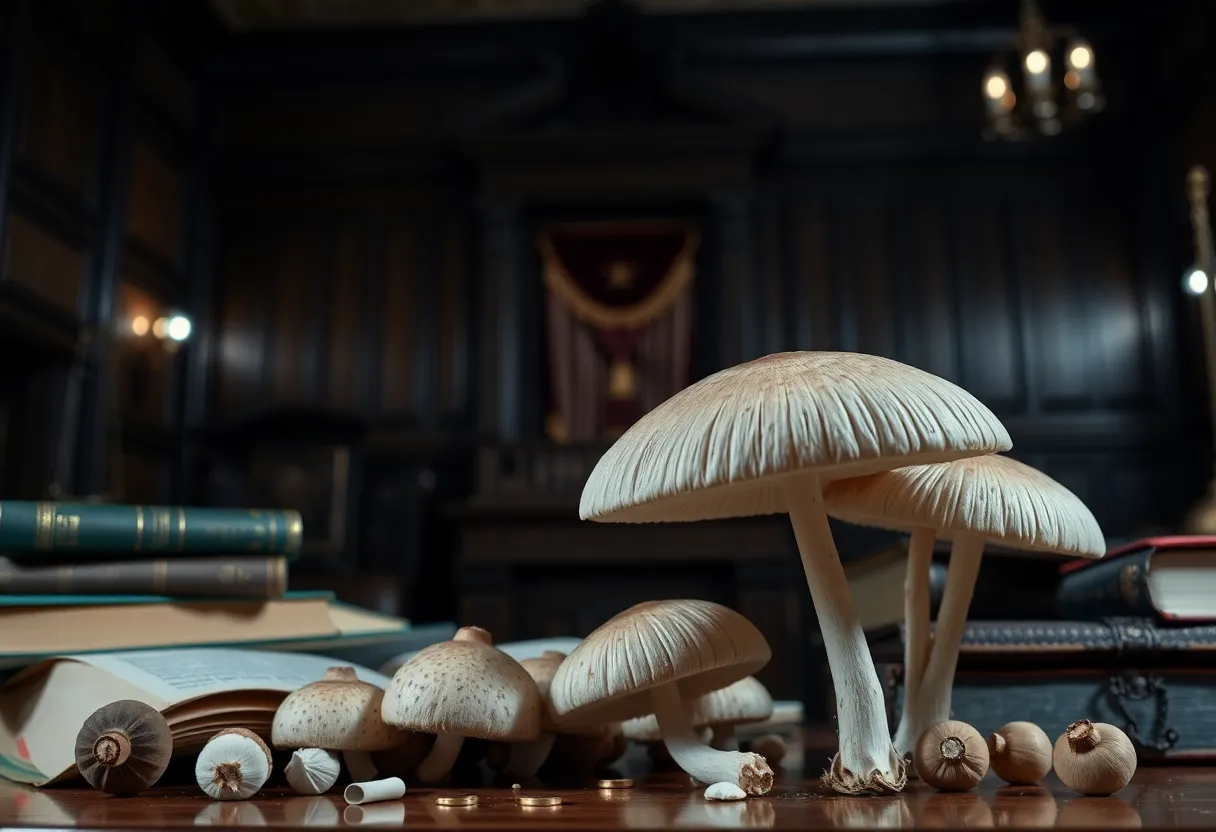 A tense courtroom during a murder trial with legal books and mushroom illustrations.