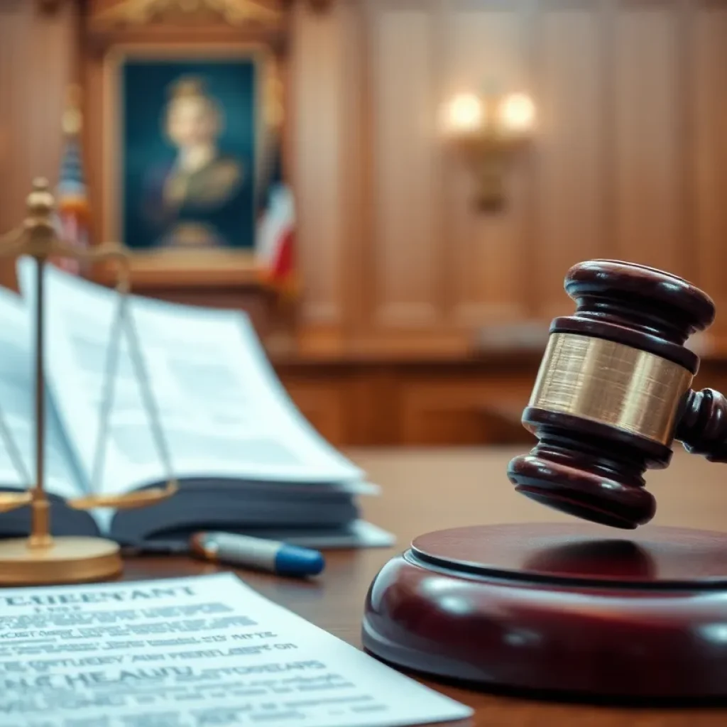 Courtroom with legal documents related to a healthcare fraud case.