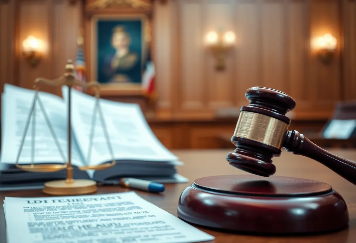 Courtroom with legal documents related to a healthcare fraud case.