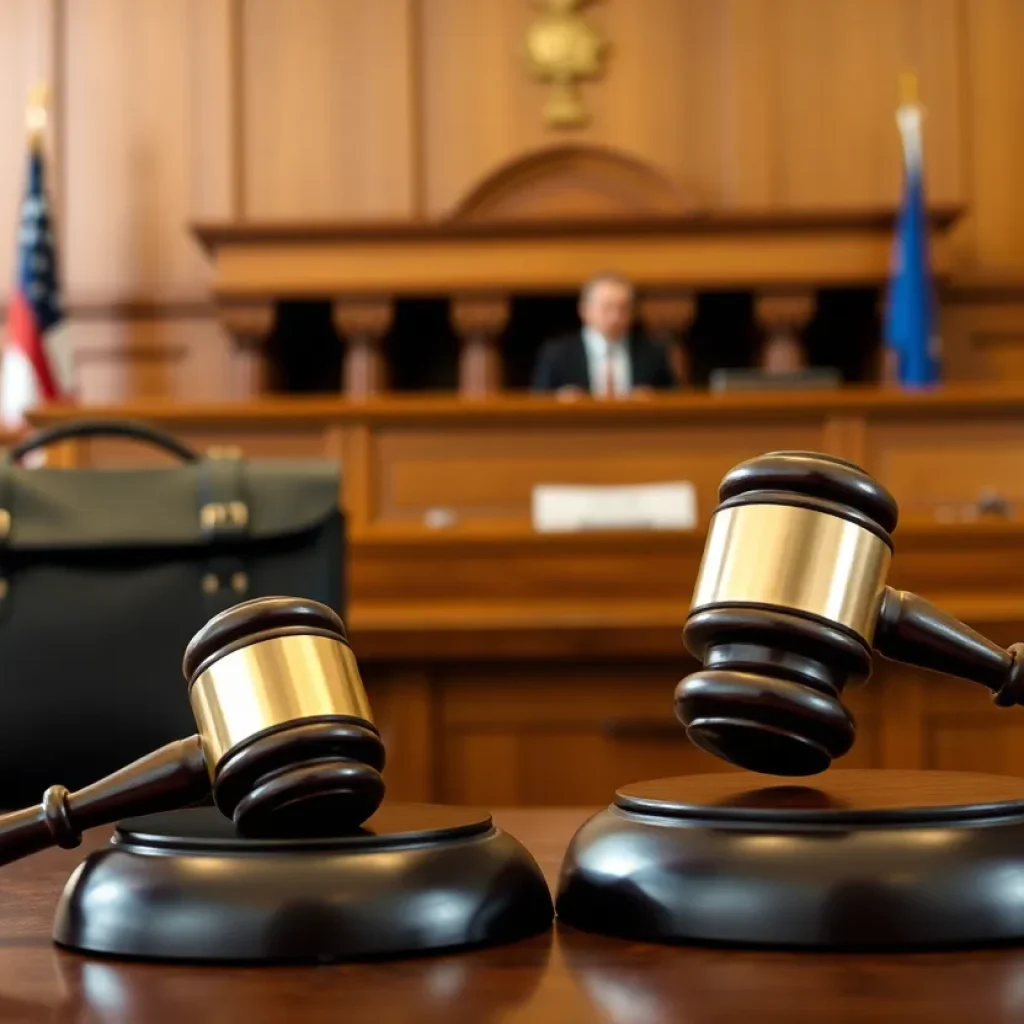 A courtroom with gavel and briefcases representing legal cases.