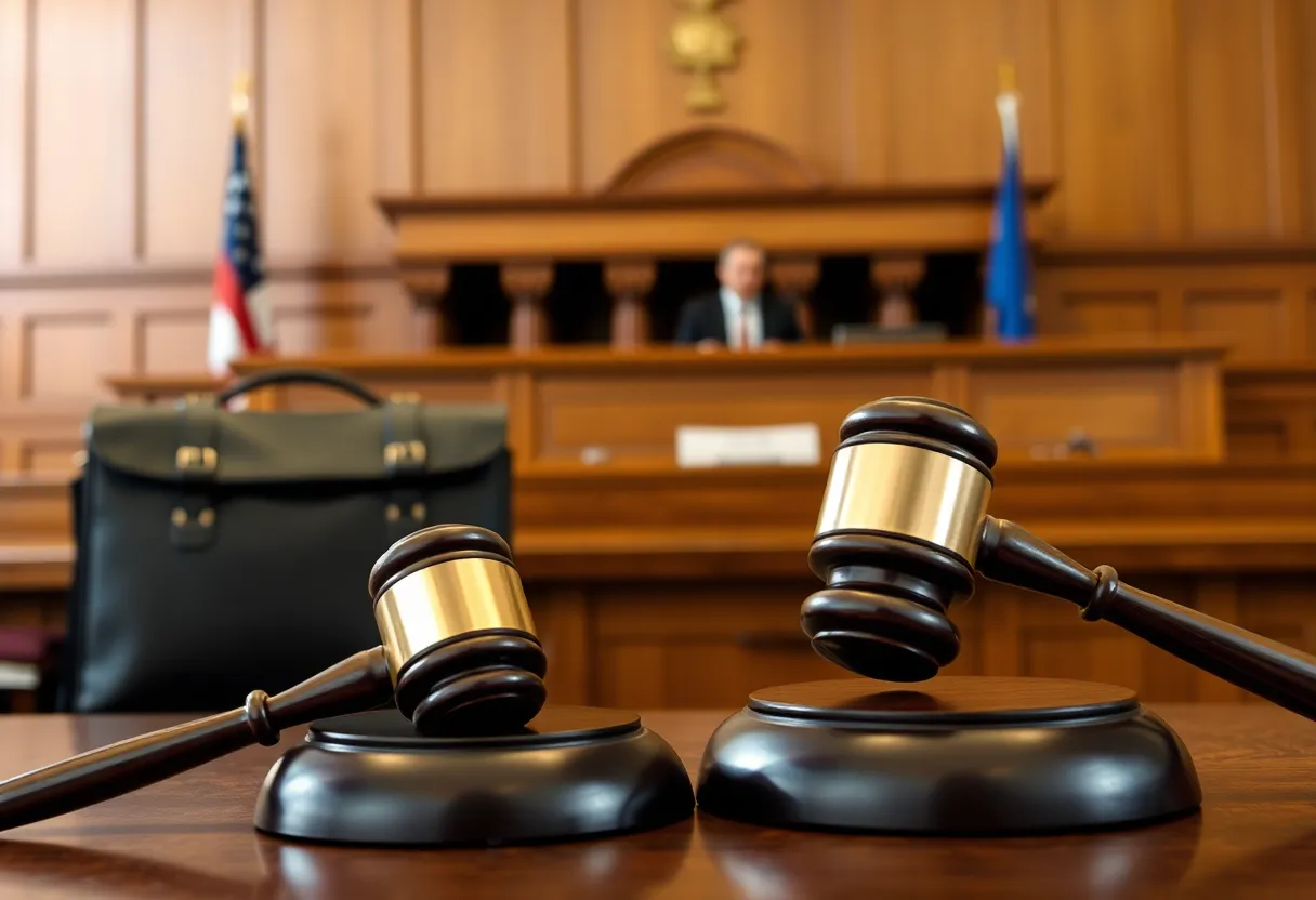 A courtroom with gavel and briefcases representing legal cases.
