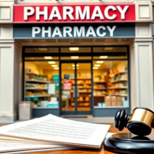 Illustration of a pharmacy with legal documents, representing the CVS lawsuit in Louisiana.