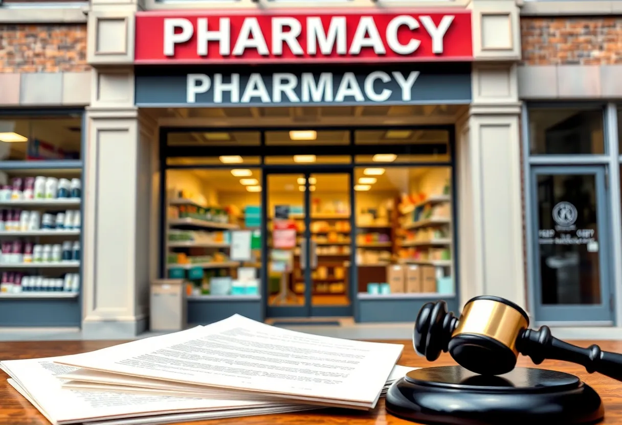 Illustration of a pharmacy with legal documents, representing the CVS lawsuit in Louisiana.