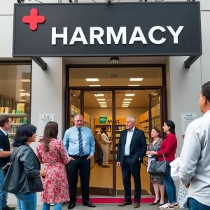 Exterior view of CVS Pharmacy with customers outside discussing healthcare topics.