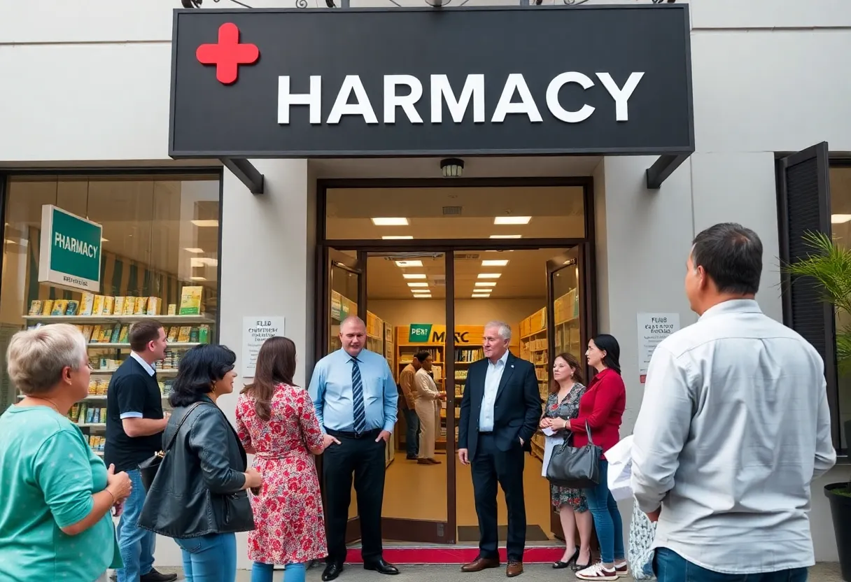 Exterior view of CVS Pharmacy with customers outside discussing healthcare topics.