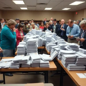 Voters at a polling station experiencing ballot shortages