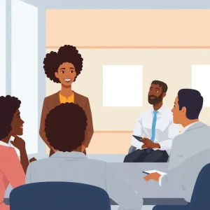 A diverse group of candidates in a job interview setting demonstrating fair hiring practices.