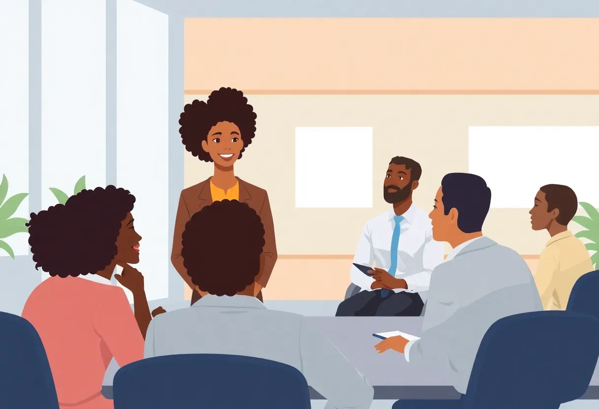 A diverse group of candidates in a job interview setting demonstrating fair hiring practices.