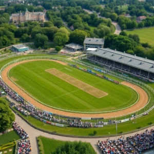 Aerial view of Fair Grounds Race Course during a racing event