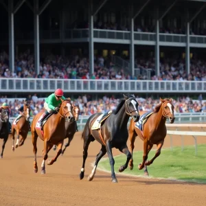 Historical scene of horse racing at Fair Grounds Race Course