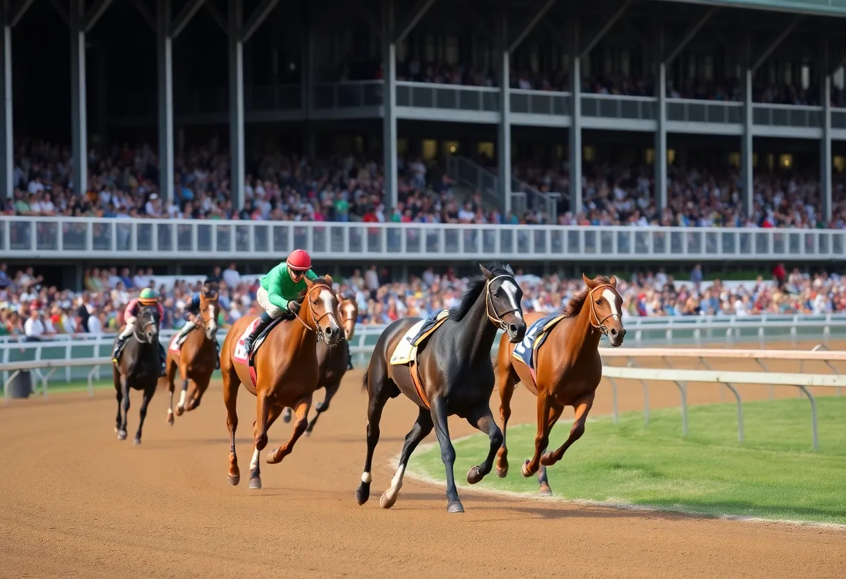 Historical scene of horse racing at Fair Grounds Race Course