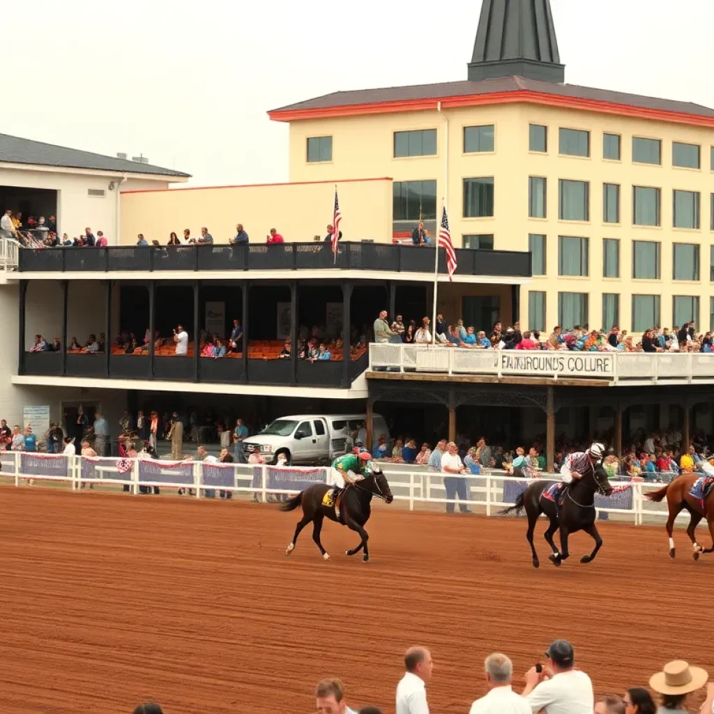 Thoroughbreds racing at the Fair Grounds Race Course in New Orleans