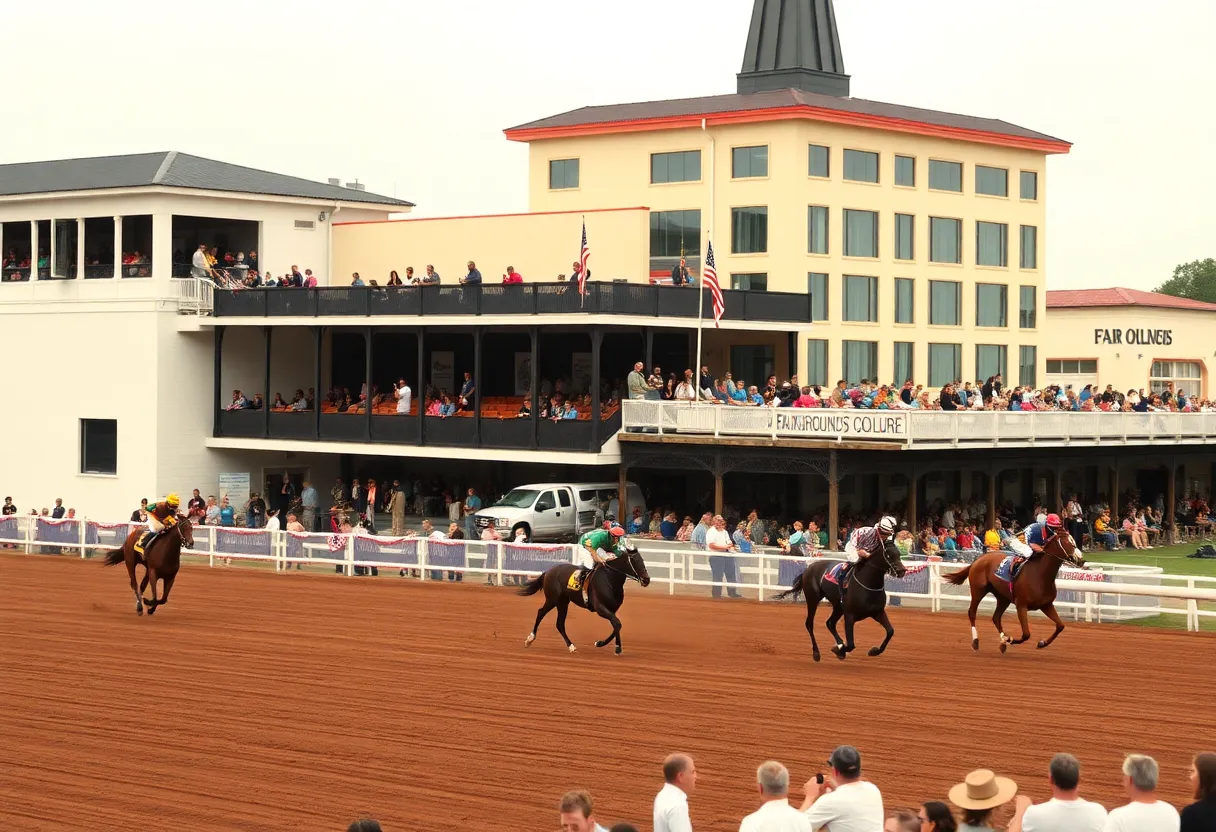 Thoroughbreds racing at the Fair Grounds Race Course in New Orleans